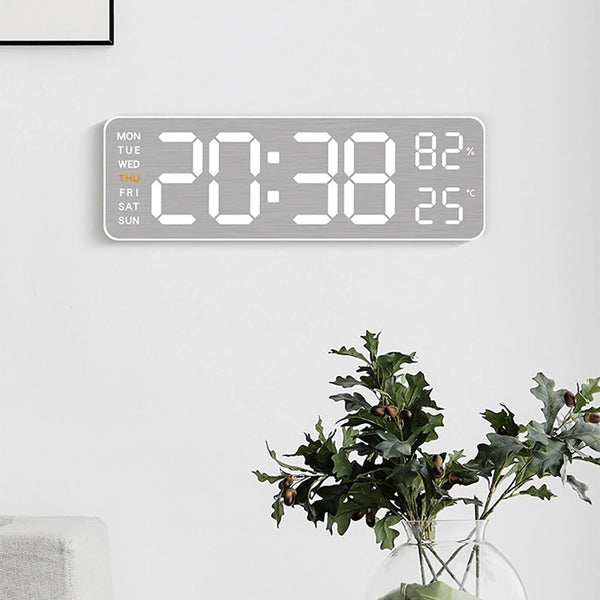 Electronic Wall Clock Temperature Humidity Display Metal Brushed Multifunctional Wall Clock Digital LED Electronic Alarm Clock