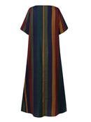 Women Vintage Striped Artsy O-Neck Short Sleeve Green Mid-Calf Length Dress