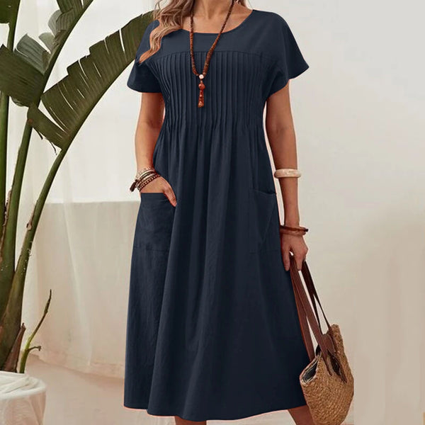 ZANZEA Women Short Sleeve Pleated Party Long Dress Casual Loose Sundress Maxi Dress with Pockets