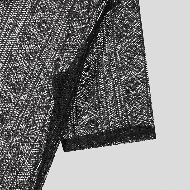 INCERUN Men's Hollow Lace Loose Short Sleeve Shirts