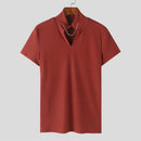 INCERUN Men's Solid Color Knitted Half Turtleneck Chain Deco Short Sleeve T-Shirt