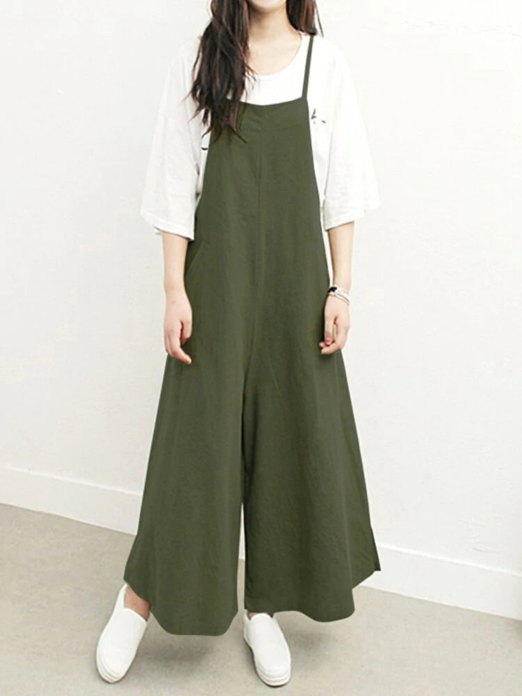 ZANZEA Plus Size Women Overalls Bib Pants Loose Pockets Jumpsuit