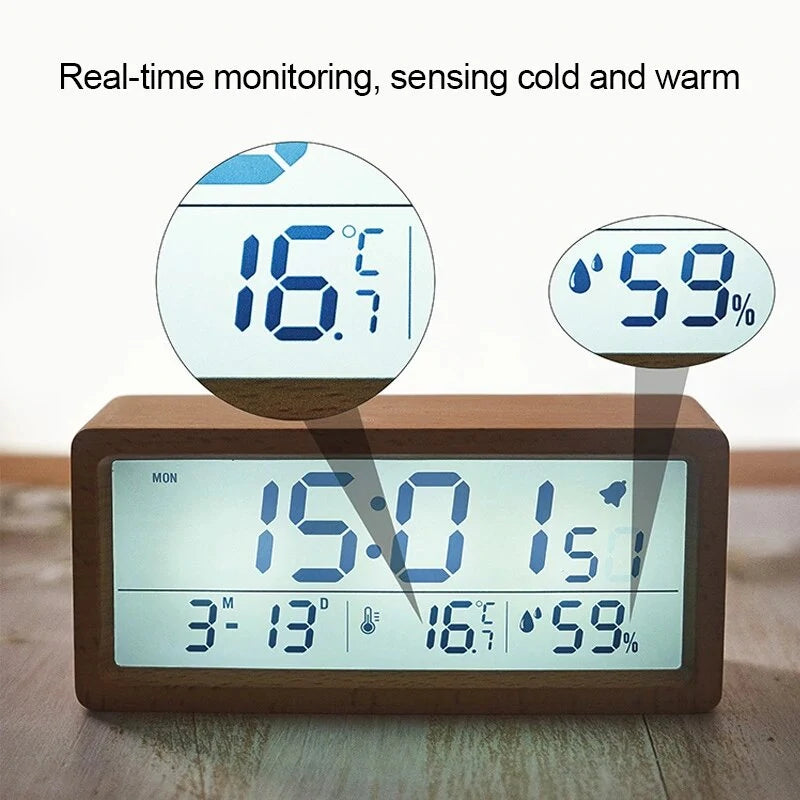 LED Wooden Digital Alarm Clock Multifunctional Large Screen Date Temperature Humidity Backlight 12/24 Hour Snooze Table Clock
