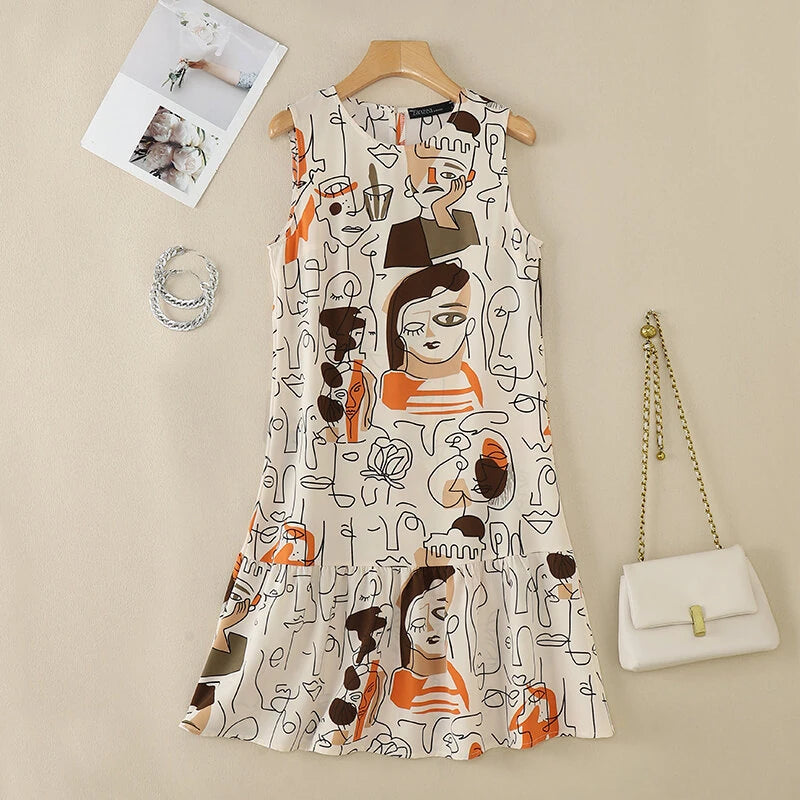 ZANZEA Elegant Style Women's Dresses Sleeveless Round Neck Printed A-Line Mermaid Dress