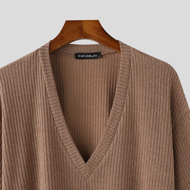 INCERUN Mens Knitted V-Neck Half Sleeve T-Shirt Casual Solod Color Short Sleeve Men Top