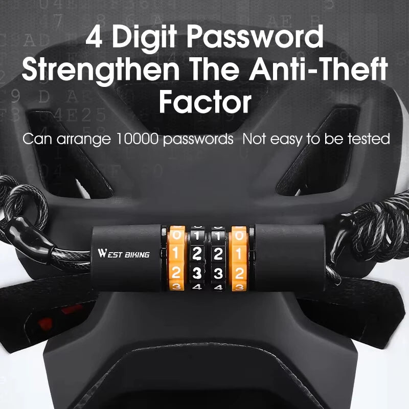 WEST BIKING Bicycle Lock Steel Cable Chain Security 4 Digit Combination Anti-Theft Password Code Safety Bike Lock
