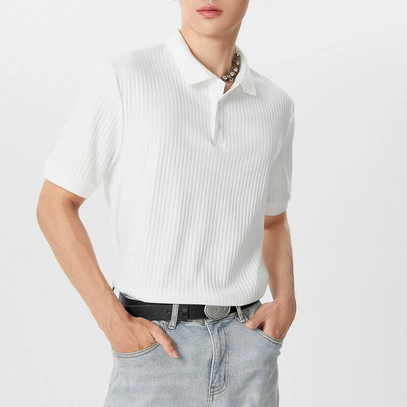 INCERUN Mens Solid Rib-Knit Short Sleeve Golf Shirt Comfy Fabric Lapel Top for Men