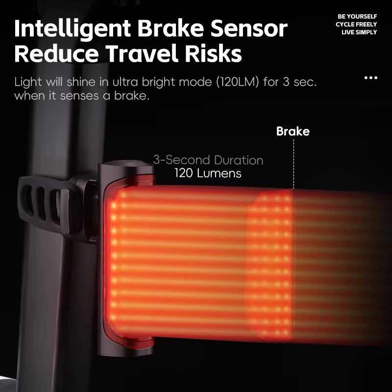 WEST BIKING 120LM Smart Brake Sensor Bicycle Taillight Lightweight  IP65 Waterproof Type-C Charging 8 Modes Flash Bike Rear Light for MTB Night Cycling Safety