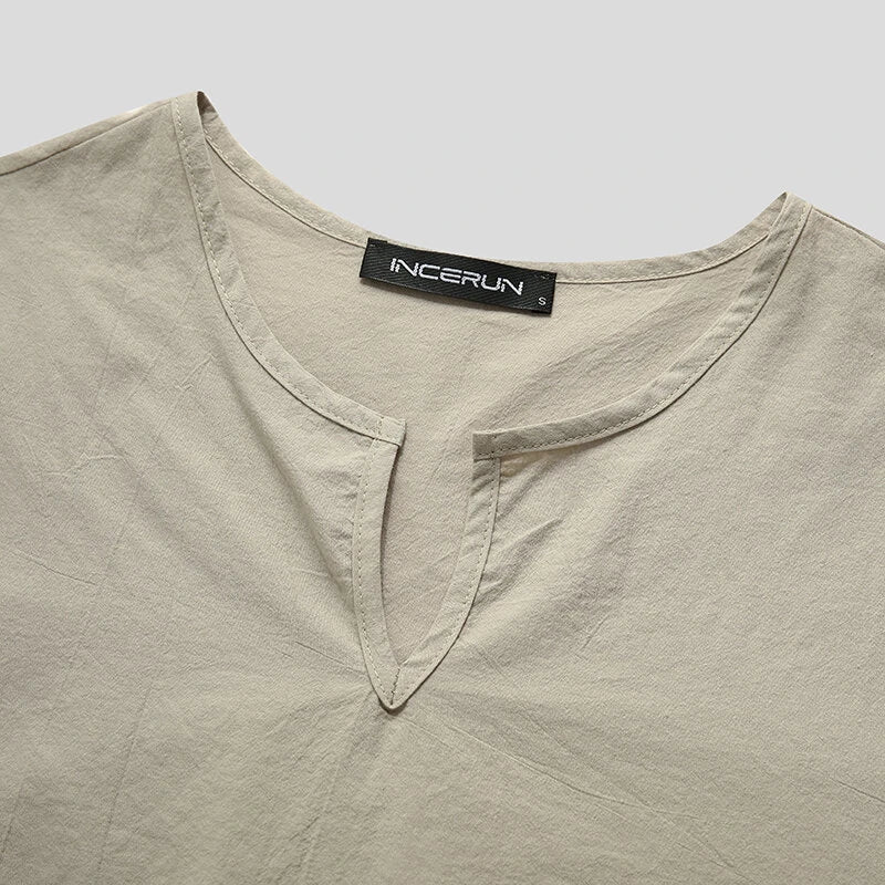 INCERUN Men Home Two Piece Set Solid Color Cotton Linen Long Sleeve Top and Pant with Pockets, Casual Men's Set Plus Size Spring Fall