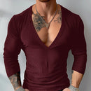 INCERUN Mens Striped Long Sleeve T-Shirt Knitted Solid Color Fashion Big V-neck Tshirt for Male S-5XL