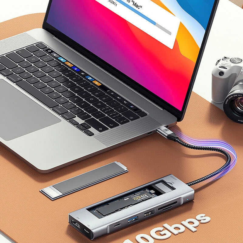 ESSAGER 8-in-1 Docking Station with Disk Storage USB 2.0 USB 3.2 Gen 2 10Gbps USB-C Data PD100W USB-C 4K@30Hz HD SD/TF Card Reader Slot Multiports M.2 SSD USB Hubs Splitter for Phone TV Tablet Laptop