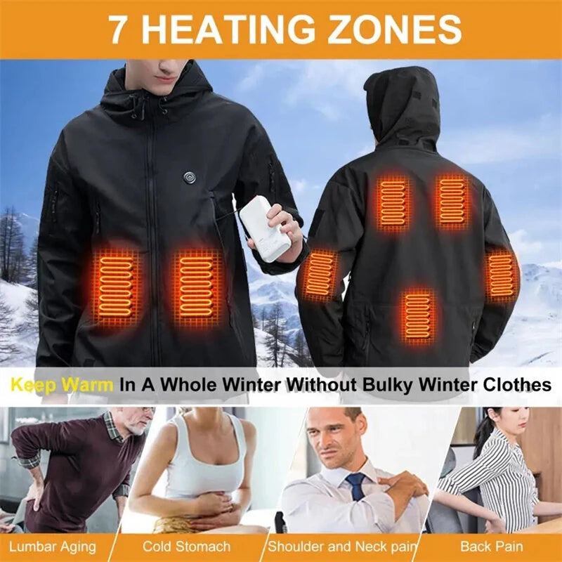 TENGOO HJ-07 7 Heating Areas Coat Jacket Three-speed Temperature Control Heated Windbreaker Thermal High Neck Hooded Coat for Winter Outdoor Sport