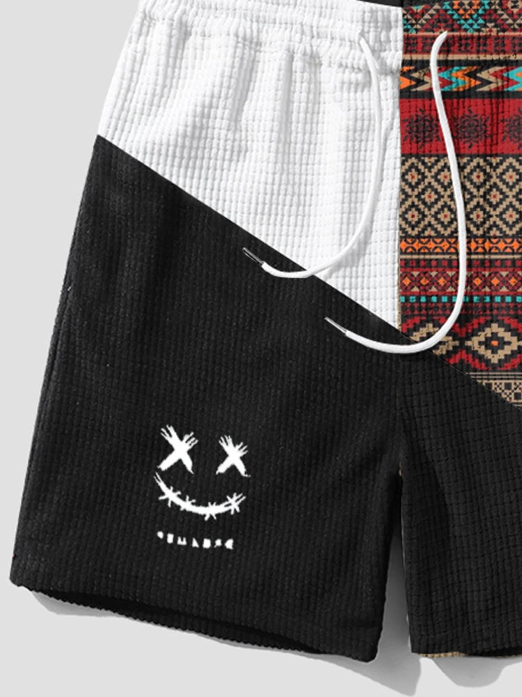 Mens Ethnic Geometric Funny Face Pattern Patchwork Corduroy Shorts