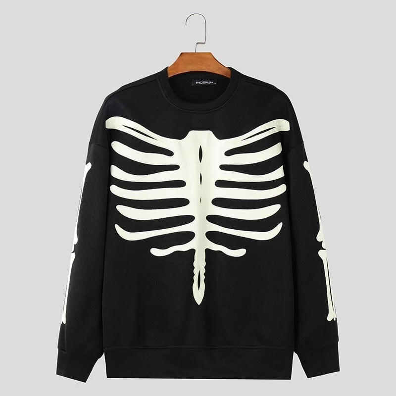 INCERUN Mens Skeleton Print Color Block Long Sleeve Hoodie Fashion Loose Fit Crew Neck Fall Top for Male S 5XL