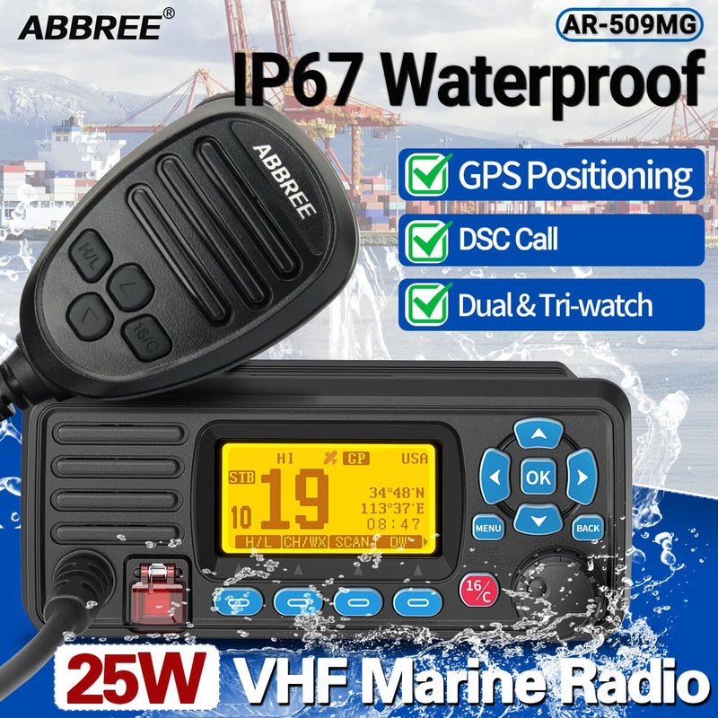 ABBREE AR-509MG VHF Marine Radio Fixed Mount 25W with GPS Waterproof IP67 DCS Call USA/INT/CAN Marine Radio Channels for Fishing