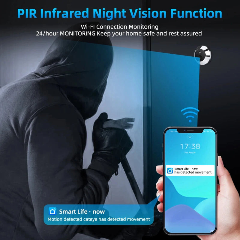 Smart Home Tuya 120 Wide Angle Door Peephole Camera 1080P Wireless One Way Intercom Video Eye Motion Detection Wifi Doorbell Camera 5000mAh Battery Work with Alexa&Google