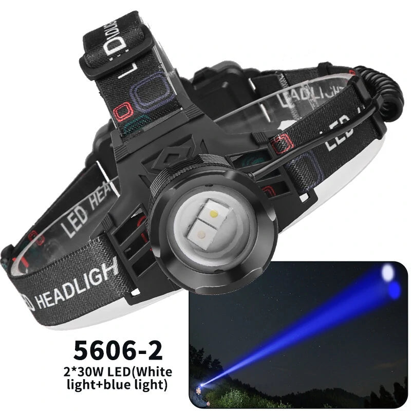 XHP70 30W LED White Blue Yellow Light USB Rechargeable Headlamp Ultra Light Bright LED Headlight Portable Front Head Light Fishing Flashlight with 18650 Battery
