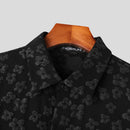 INCERUN Mens Shirt Fashion Embossed Floral Print Tops Black Short Sleeve Shirt