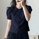 VONDA Womens Elegant Bowknot Decorate Puff Sleeve Blouses Temperament Button Shirts