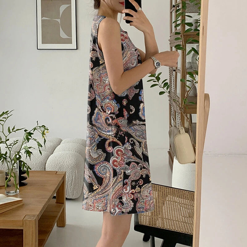 ZANZEA Women's Bohemian Printed Round Neck Pleated Sundress Loose Sleeveless Midi Dress
