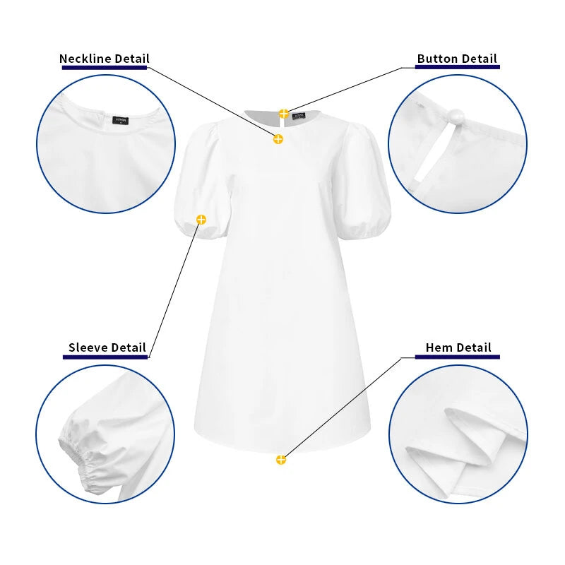 VONDA Womens Casual Round Neck Shirt Dress Puff Sleeve Short Dress A Line Solid Tunic Mini Dresses Plus Size