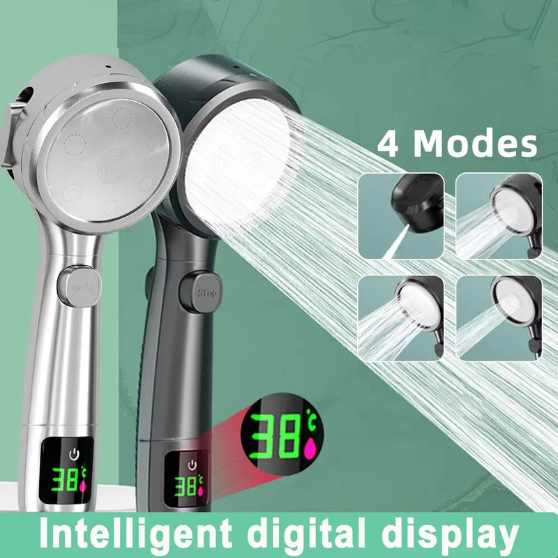 Shower Head High Pressure Digital Display Four Modes Handheld Bathroom Shower Accessory Water Saving Pressurized Adjustable Spray LED Temperature Display