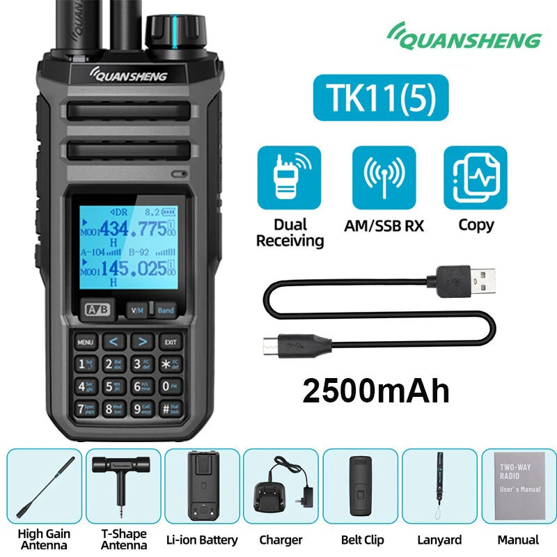 Quansheng TK11 Walkie Talkie 10W Dual Band Radio 999 Channels Long Range Rechargeable Two Way Communication Device Portable FM Receiver