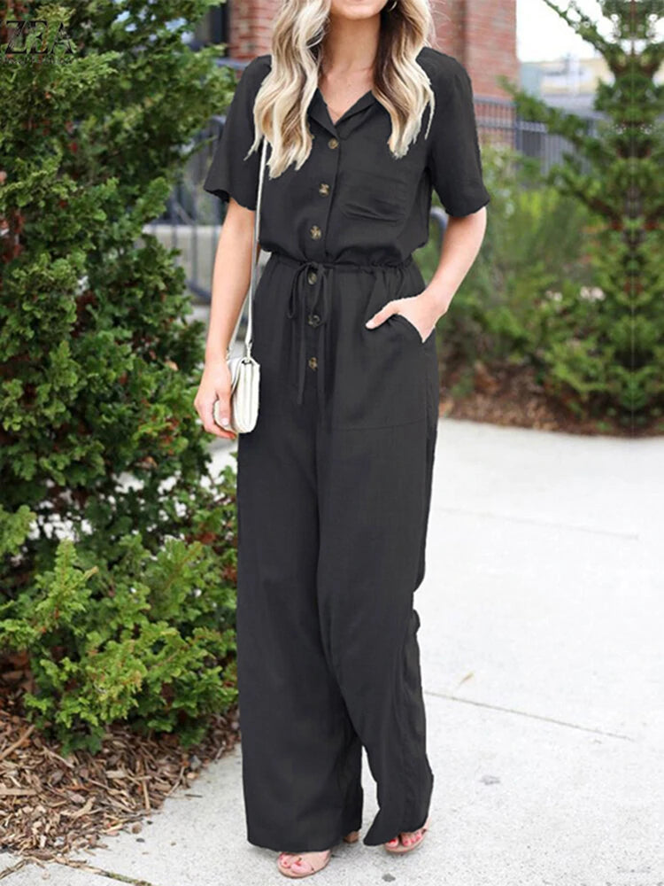 Women Button Front Camp Collar Cargo Style Short Sleeve Jumpsuits With Pocket