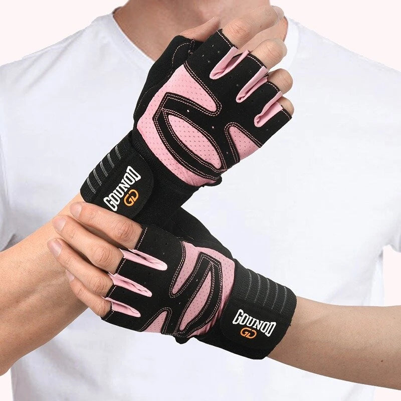 GOUNOD 1Pair Workout Half-finger Gloves Breathable Wear-resistant Extended Strap Fitness Sports Gloves for Barbell Equipment Eeightlifting Iron Exercise
