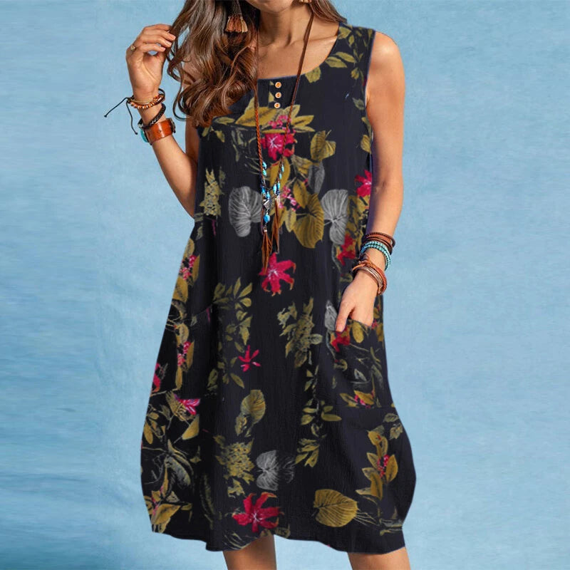 ZANZEA Plus Size Women Plant Print Dress Button Pocket Sleeveless Cotton Linen Casual Holiday Midi Dresses S-5XL