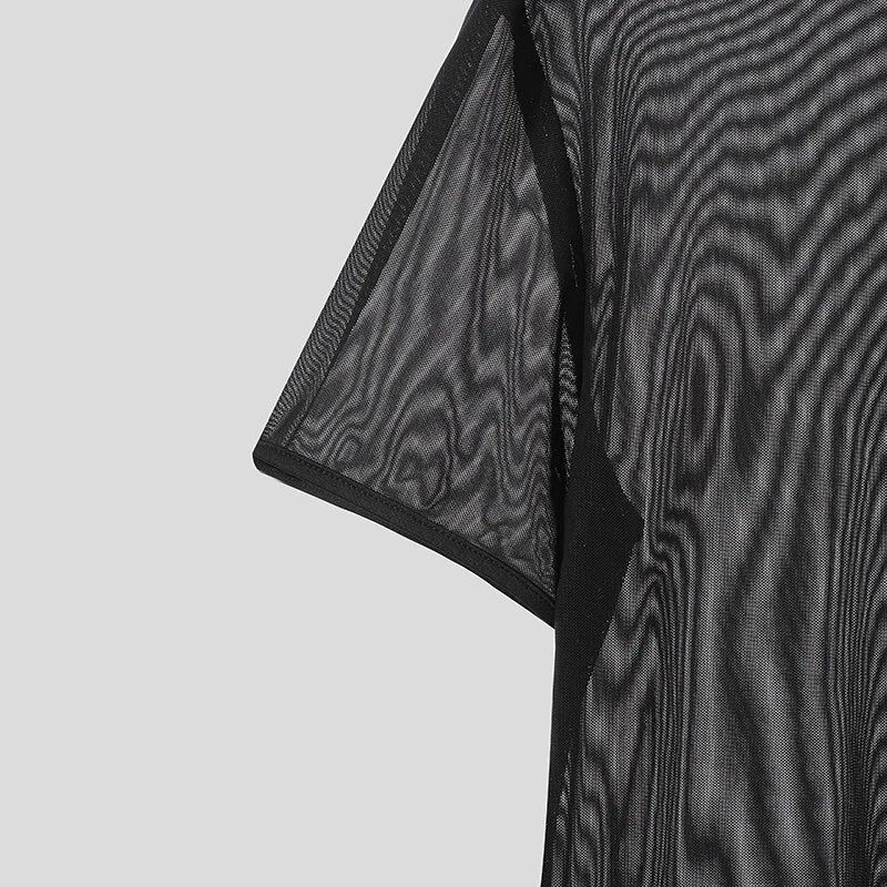 INCERUN Men's T-shirt Solid Color Crew Neck Short Sleeve T-shirt with Design See Through Fabric, Chic Tops Suitable for Summer Nightclubs Leisurewear