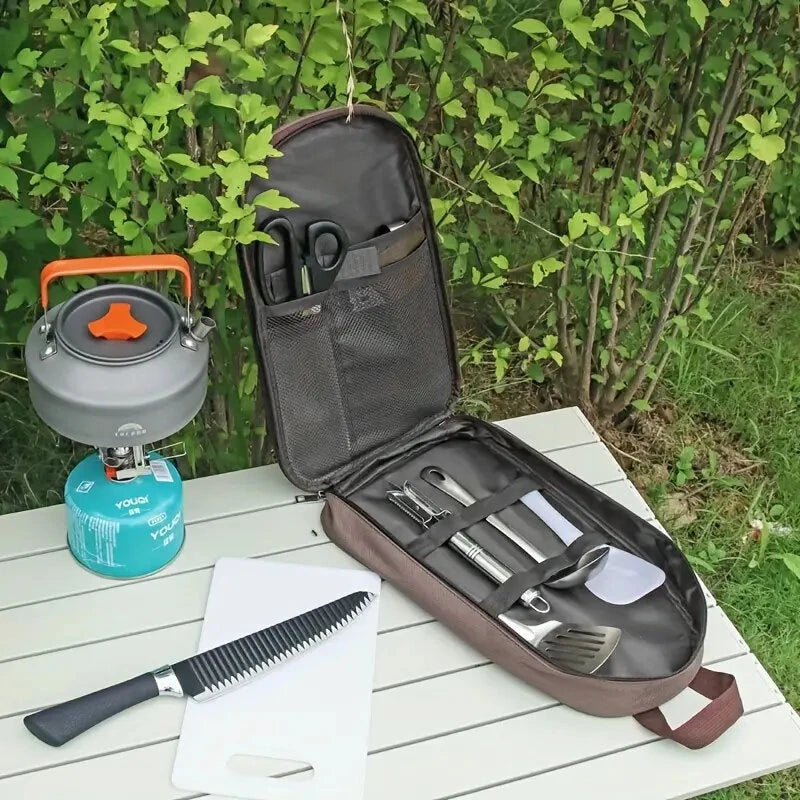 Portable Camping Kitchen Utensil Organizer Bag, Convenient Carry Case For Outdoor BBQ & Cooking Tools, Compact Cutlery Travel Set