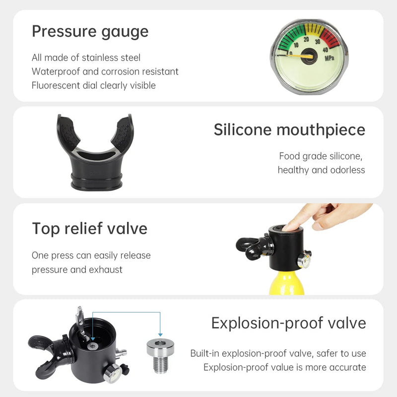 DIDEEP 0.5L Mini Scuba Tank Kit with Storage Bag and Satety Rope Portable Scuba Diving Tank Gear Support 5-10 Minutes Breath Underwater Breathing Devicefor Partner Underwater Entertainment Backup Air