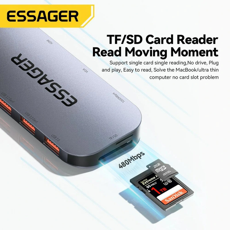 Essager 11 in 1 Type-C Docking Station 3*USB 3.2 Gen1 5Gbps HDMI 4K@30HZ VGA RJ45 1000Mbps PD Charger USB Hubs 100W For Macbook Air Pro Adapter Splitter