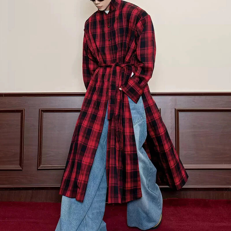 INCERUN Mens Plaid Patchwork Long Sleeve Shirt Fashion Classic Checkered Lace Up Strap Long Shirt for Men