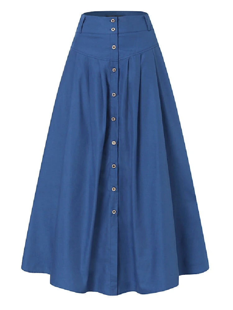 ZANZEA Plus Size Women Long Skirts, Summer Button Down Dress, Solid Color Loose Casual High Waist Long Skirt With Pocket