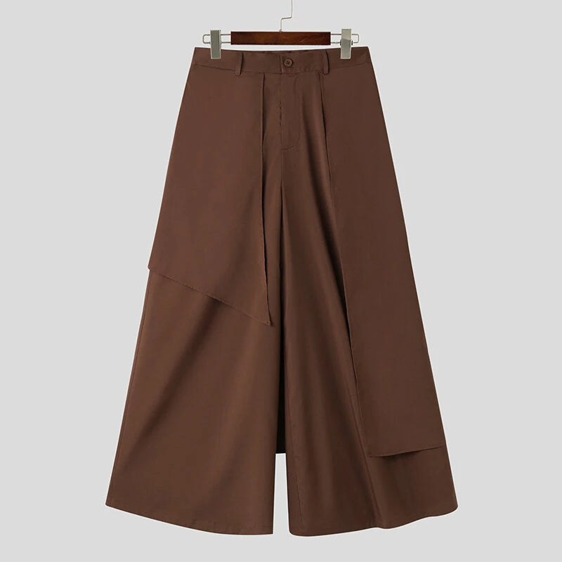 INCERUN Mens Pant Irregular Splicing Solid Color Men Pant Skirt Fashion Solid Color Streetwear Male Trousers