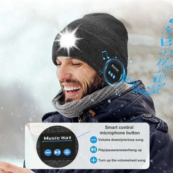 LED Light Bluetooth Beanie Unisex Warm Knitted Beanie 3 Light Modes Waterproof Rechargeable Wireless Music Flashlight Hat for Camping Jogging Fishing Cycling