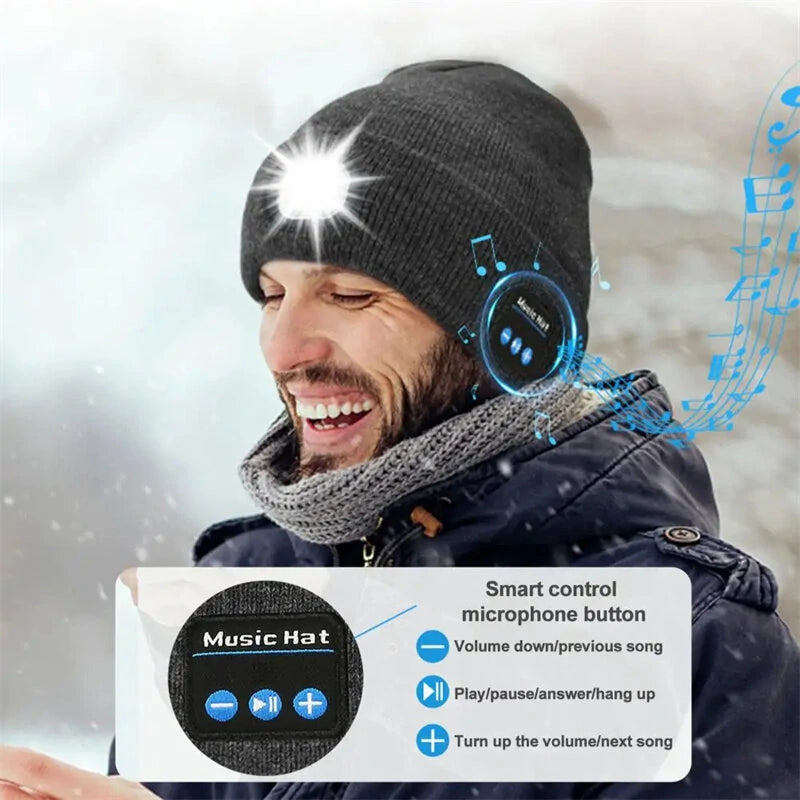 LED Light Bluetooth Beanie Unisex Warm Knitted Beanie 3 Light Modes Waterproof Rechargeable Wireless Music Flashlight Hat for Camping Jogging Fishing Cycling