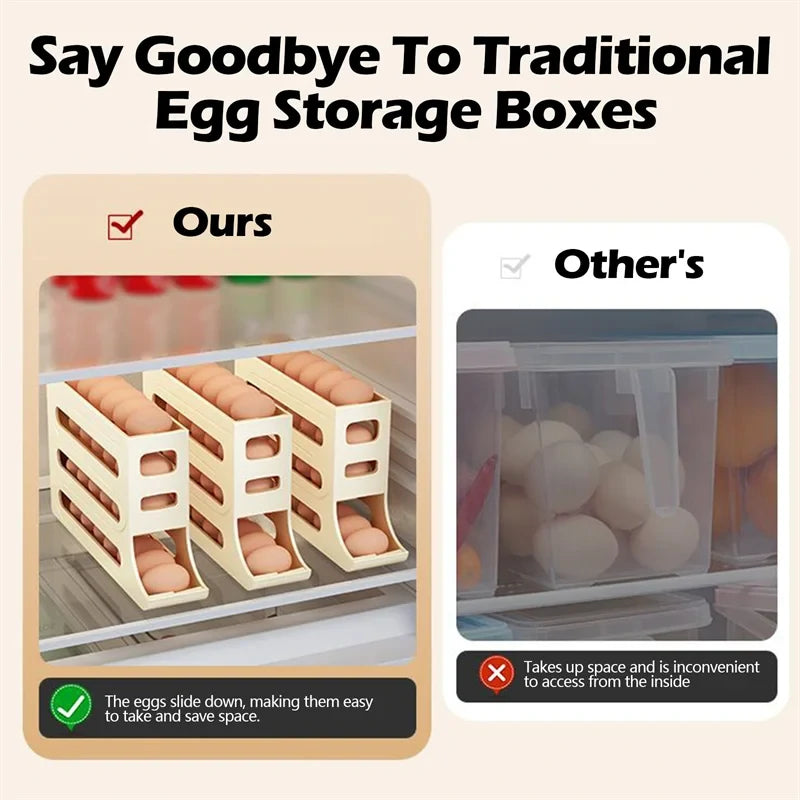 Automatic Scrolling Egg Rack Holder High Capacity Storage Box with Individual Egg Recess for Fresh Keeping and Organization in Kitchen Fridge Freezer