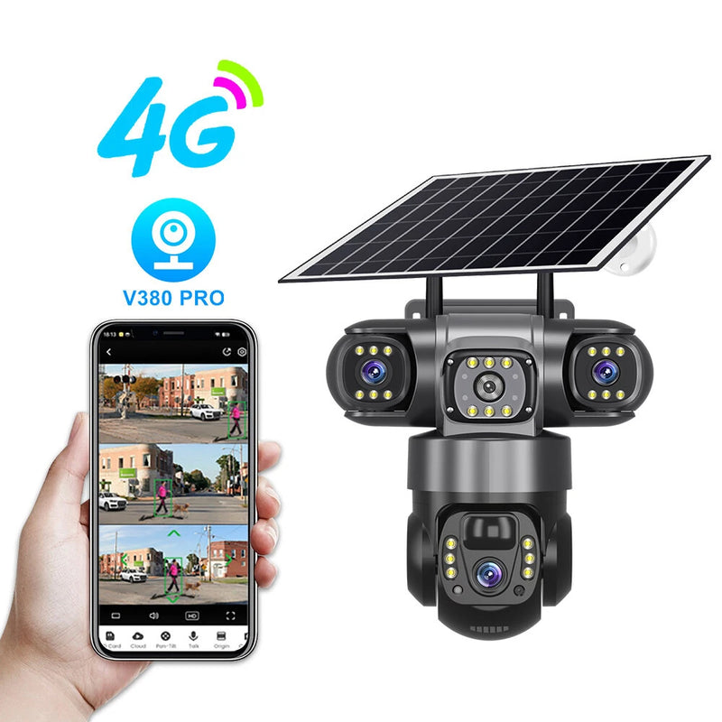 V380 4G 6MP Solar Security Camera 3-Lens System  Dual-Charging Night Vision Motion Alerts 4G European Version Security Camera