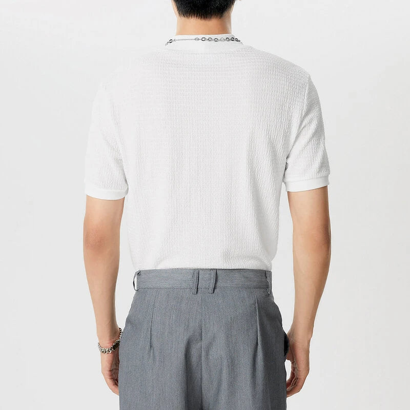 INCERUN Mens Half-collar Solid Knitted pit-stripe Short Sleeve T-shirt