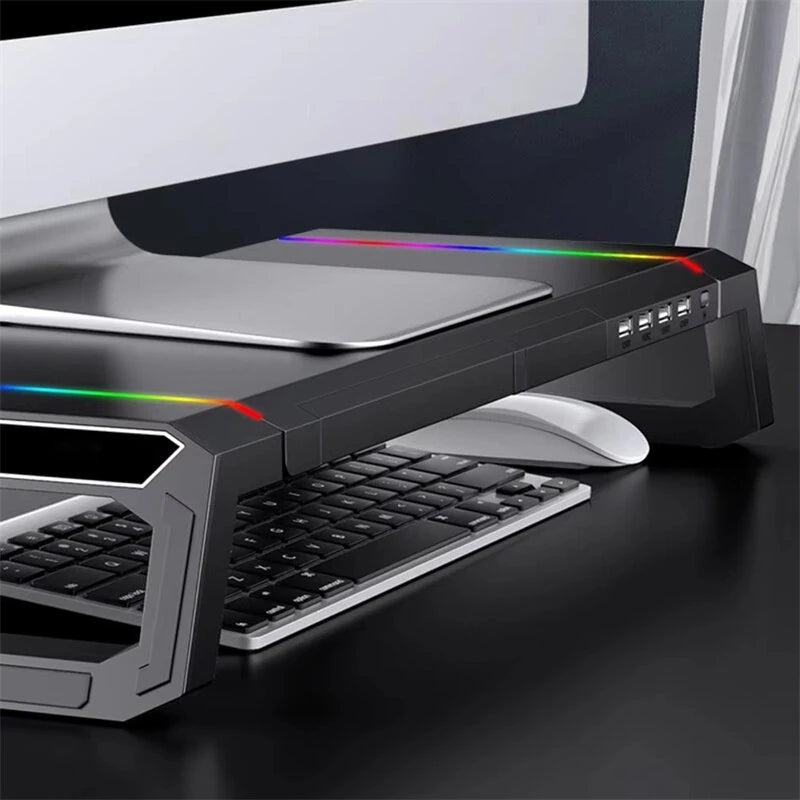 T1 Laptop Monitor Stand Riser RGB Support with USB3.0+3USB2.0 Mobile Phone Holder Drawer Storage Box Heightening Bracket for PC Laptop