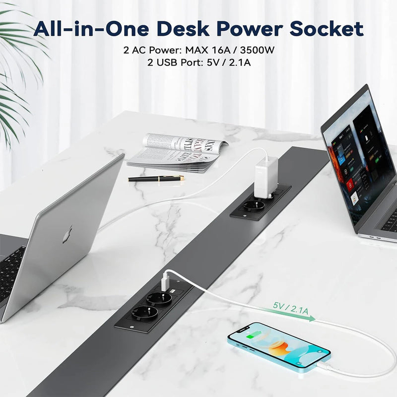 2Pcs Table Socket with 2 USB 2 Sockets Built-in Socket 2-Way Installation Power Strip with 2 Screws for Kitchen Furniture or Worktops Recessed Socket 1.8 Cable16 A/3500 W