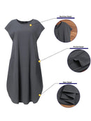 ZANZEA Plus Size Women Mid Long Dress Solid Pocket Short Sleeve Round Neck Cotton Casual Beach Midi Dress
