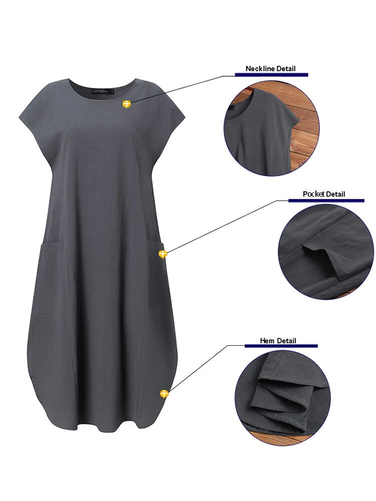 ZANZEA Plus Size Women Mid Long Dress Solid Pocket Short Sleeve Round Neck Cotton Casual Beach Midi Dress