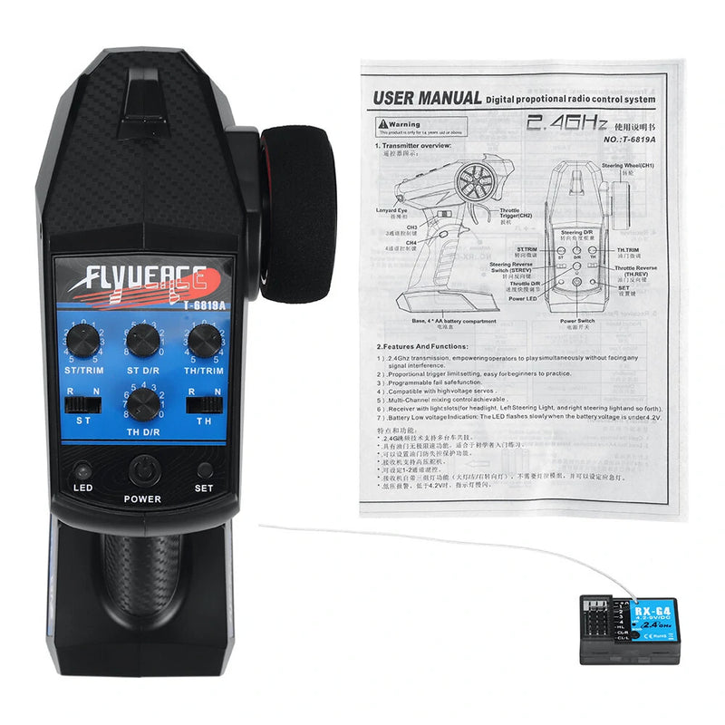 FLYUEACE T-6819A 2.4GHz 4CH Transmitter with RX-G4 Light Control Mini Receiver for RC Car Boat Tank Models