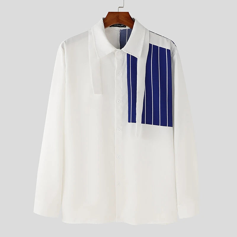INCERUN Stylish Men's Color-block Striped Long-sleeve Shirt Fashion Design Lapel Top Large Size Loose Fit Men S-5XL