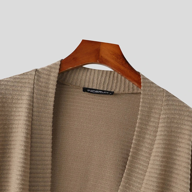 INCERUN Mens Knitted Striped Long Sleeve Cardigan Casual Solid Color Spring Fall Winter Men's Coat