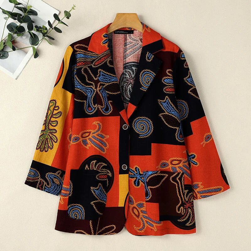 ZANZEA Womens Ethnic Prints Blazer Vacation Thin Suit Coat Retro Lapel Cotton Linen Printing Long Sleeve Blazer